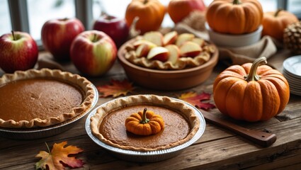 Thanksgiving food preparation with apple and pumpkin pie ingredients