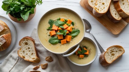 Top view of creamy vegan soups with bread