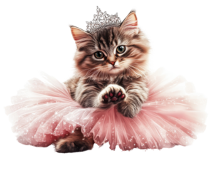 Cute kitten wearing a crown and pink tutu, isolated on a white background.