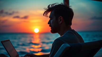 Person sits on deck of a luxurious cruise ship, his laptop open as he gazes out at panoramic view...