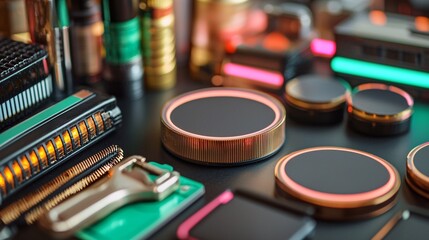 Battery replacement maintenance concept. A colorful arrangement of beauty products and accessories, featuring various containers and tools on a black surface.