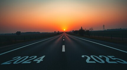Obraz premium Driving on open road at beautiful sunny day to new year 2025. A new journey ahead