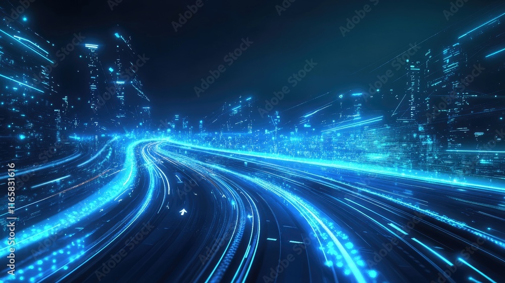 Poster abstract futuristic background with blue glowing light speed lines and geometric shapes, vector illu