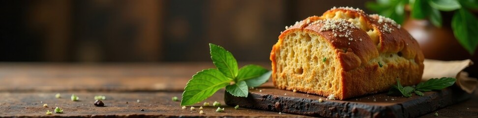Rich, dark beer, alongside fragrant herb bread , photography, delicious, bar