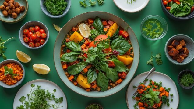 Vegetarian meal displayed on green tabletop surface