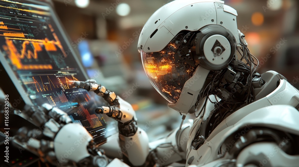Poster a futuristic robot interacts with a digital interface, displaying glowing data and analytics, embody