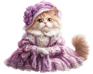 Cute Persian cat dressed in a purple vintage dress with a matching bonnet.