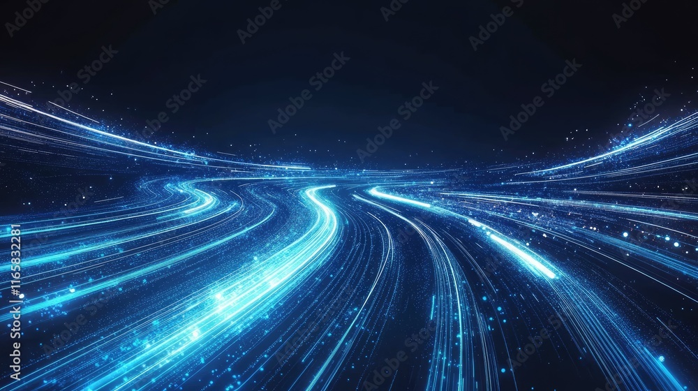 Poster abstract futuristic background with blue glowing light speed lines and geometric shapes, vector illu