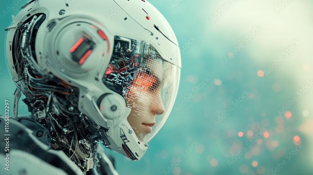 Poster a futuristic humanoid robot with intricate circuitry and a transparent helmet, set against a soft, g
