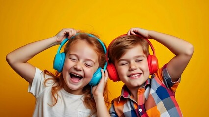 Two happy children enjoying music with colorful headphones
