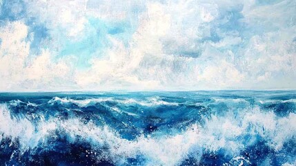 Fototapeta premium Ocean Waves Painting: Blue Sea and Sky Landscape