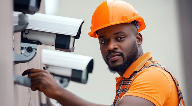 Un technicien de s&eacute;curit&eacute; noir, portant un casque de s&eacute;curit&eacute; orange et une salopette, installant des cam&eacute;ras de vid&eacute;osurveillance sur le mur d'un b&acirc;timent.