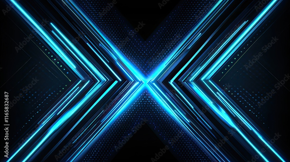 Poster abstract futuristic background with blue glowing light speed lines and geometric shapes, vector illu