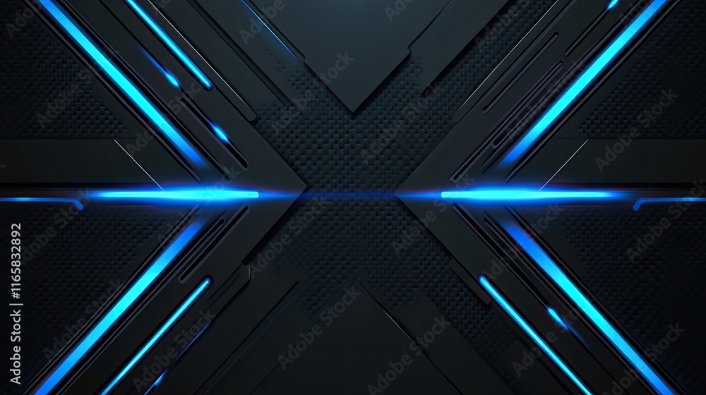 Poster abstract futuristic background with blue glowing light speed lines and geometric shapes, vector illu