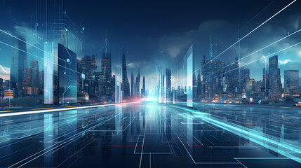 Futuristic Cityscape With Glowing Pathways and Skyscrapers at Dusk
