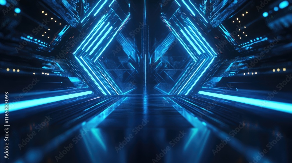 Poster abstract futuristic background with blue glowing light speed lines and geometric shapes, vector illu