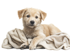 Cute puppy lying on a soft blanket, looking curiously at the camera.