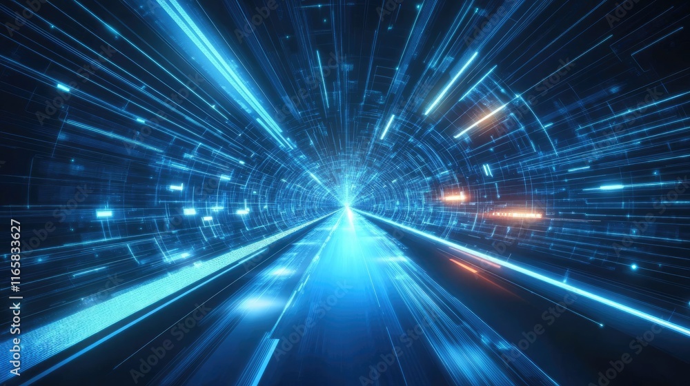 Poster abstract futuristic background with blue glowing light speed lines and geometric shapes, vector illu