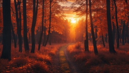 Fototapeta premium Vivid sunset illuminates autumn forest pathway