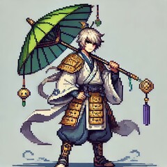 vector design of knight carrying an umbrella in chinese war costume, pixel art