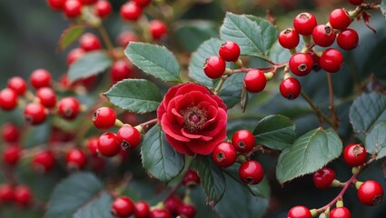 Wild roses and vibrant red berries in nature