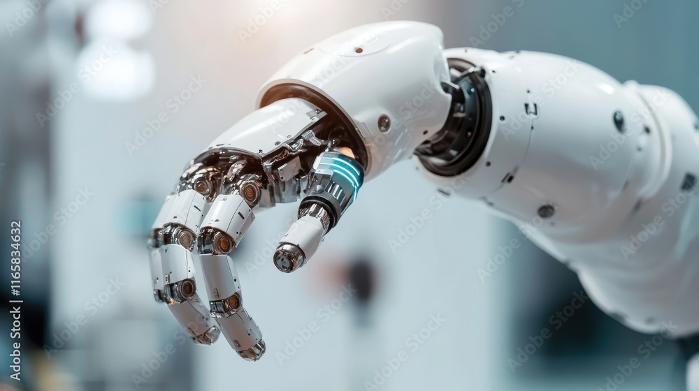 Poster a close-up view of a robotic hand showcasing advanced technology and intricate mechanical design.