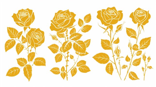Elegant Yellow Roses Silhouette Vector Drawing Set Isolated on White Background