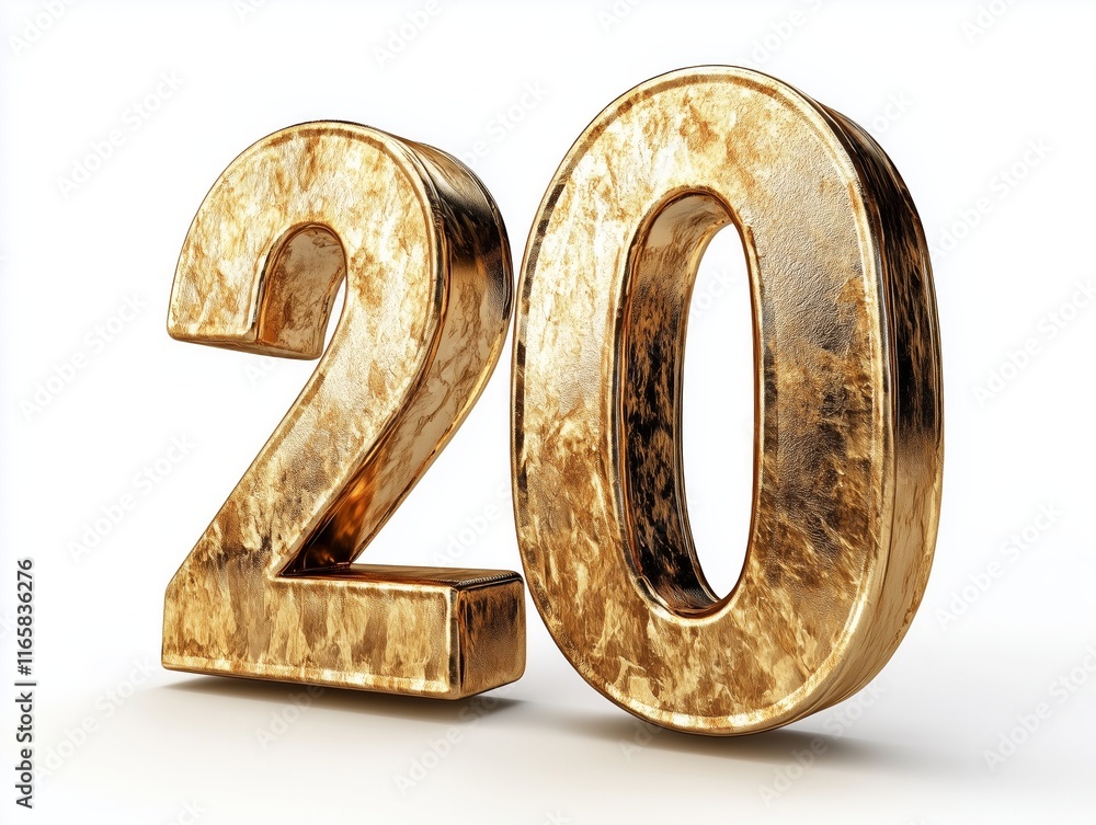 Aufkleber golden number twenty: a 3d render of a luxurious metallic number twenty against a white background