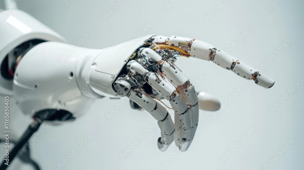 Poster a detailed image of a robotic hand showcasing intricate mechanics and design, emphasizing technology
