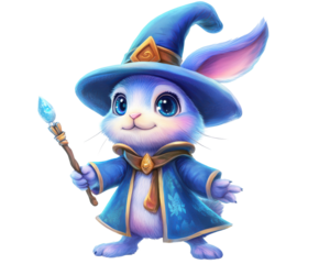 Cute wizard rabbit with a magical staff, white isolate background