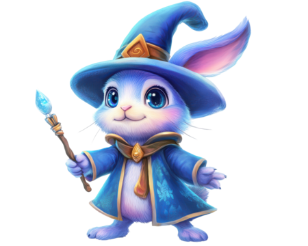 Cute wizard rabbit with a magical staff, white isolate background