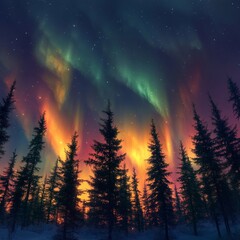 Fototapeta premium Colorful northern lights illuminate a winter forest at twilight in a remote wilderness