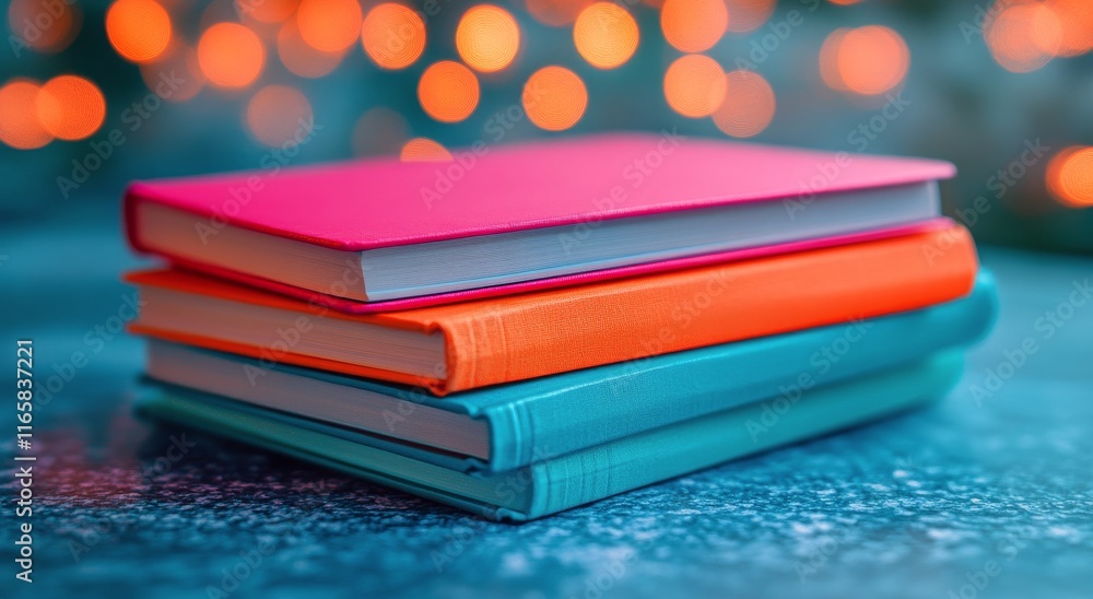 Poster colorful stack of books with soft bokeh lights in the background during evening