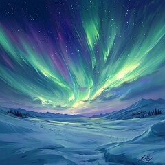 Vibrant auroras dance in the night sky over a snowy landscape in a serene winter environment