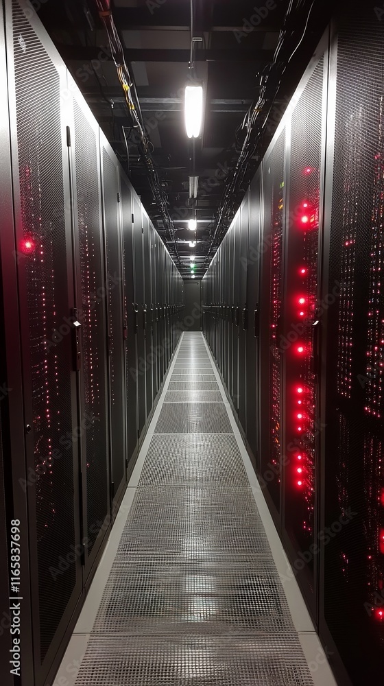 Poster rows of server racks in a data center illuminated by fluorescent lights