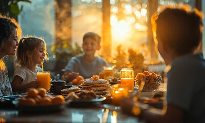 Family breakfast gathering with pancakes and drinks at sunset.