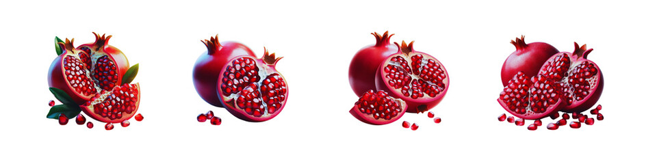 Set of Pomegranate halves showcasing, isolated over on transparent white background