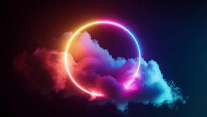  Abstract Neon Light Ring Illuminating Clouds on a Dark Background