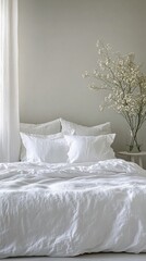 Cozy bright bedroom with natural light and minimalist decor in a serene atmosphere