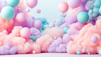 Colorful Pastel Balloons and Fluffy Clouds in a Dreamy Landscape