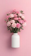 Fototapeta premium Valentine's Day Pink Roses Carnations Bouquet in White Vase Floral Still Life Feminine Decor