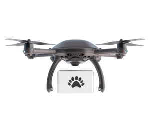 Drone with a paw print symbol, white isolate background
