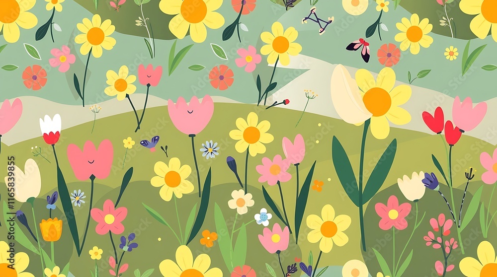 Poster springtime bloom seamless pattern: a vibrant and cheerful seamless pattern bursting with color and l