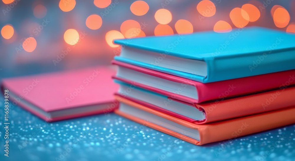 Poster colorful stack of books with soft bokeh lights in the background during evening