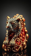 "Create a detailed image of a luxurious sculpture of a leopard, crafted with intricate golden and silver patterns. Its surface is studded with sparkling gemstones of amber, topaz, and diamond