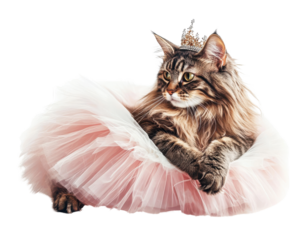 Elegant cat wearing a pink tutu with a crown, white isolate background.