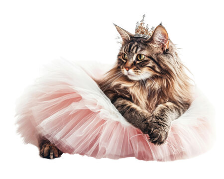 Elegant cat wearing a pink tutu with a crown, white isolate background.