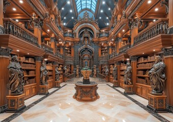 Obraz premium Gothic library showcases stunning marble floors and large bronze statues amidst intricate wooden shelving and decor