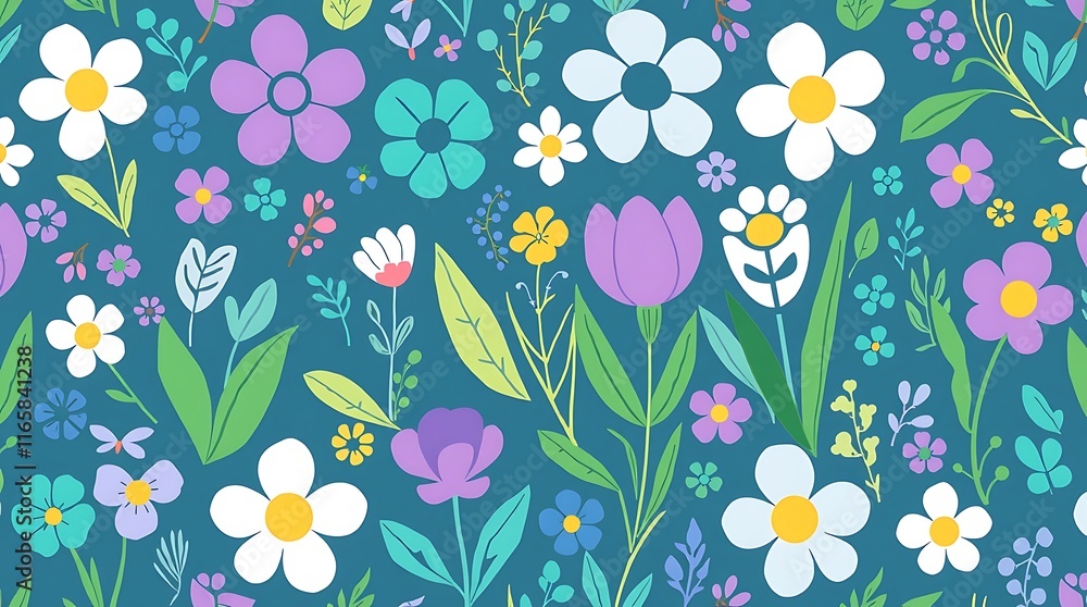 Aufkleber floral fantasy: a vibrant teal backdrop showcases a delightful array of colorful flowers in a charmi