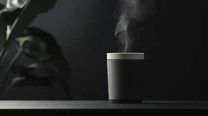 Hot beverage steaming in a textured black cup on a dark background at evening time